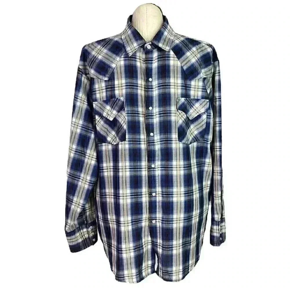 Ely Cattleman Men XXL Plaid Snap Up Western Shirt Cotton Blend Blue Multicolor